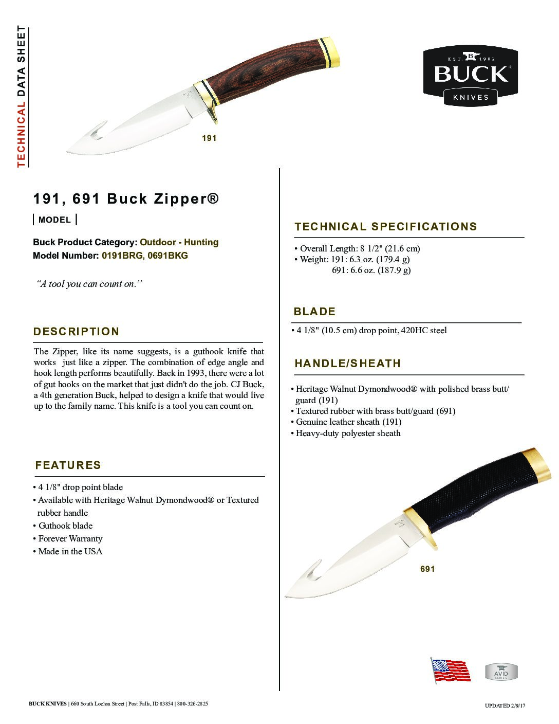Buck Knives 191 Zipper Guthook Fixed Blade Knife W/ Sheath 0191BRG 