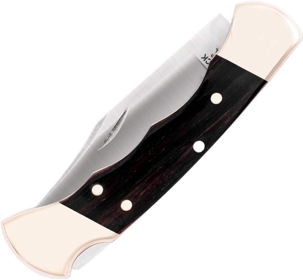 Buck Knives 112 Ranger Finger Groove Genuine Ebony Wood Folding Knife W/ Upgraded Suede Leather
