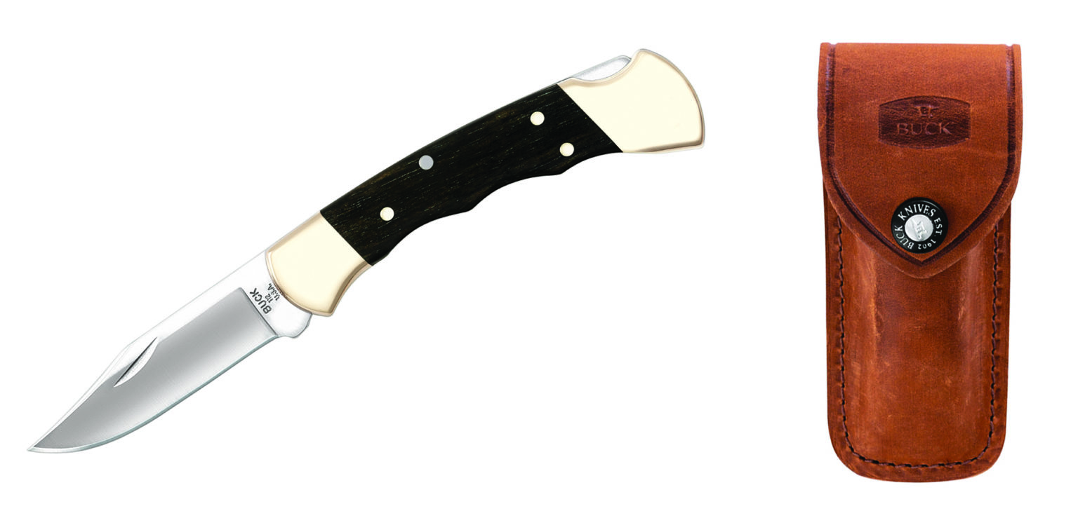 Buck Knives 112 Ranger Finger Groove Genuine Ebony Wood Folding Knife W/ Upgraded Suede Leather