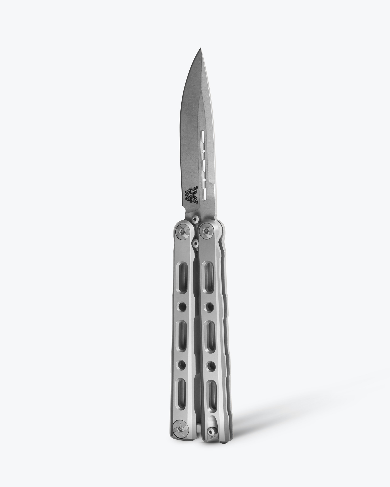 Benchmade 82 Laro Balisong Latch Lock Butterfly Knife, 3.6" CPM-MagnaCut Drop Point Blade, Billet Titanium Handles W/ Adjustable Weights, Boltaron Sheath - Image 8