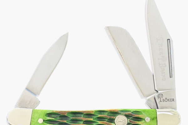 Boker Manufaktur Traditional Series 2.0 Medium Stockman Pocket Knife, Burnt Lime Green Jigged Bone Scales, 3.5" D2 Blades (C&C Exclusive)