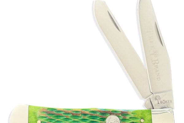 Boker Manufaktur Traditional Series 2.0 Trapper Pocket Knife, Burnt Lime Green Jigged Bone Scales, 3.125" D2 Blades (C&C Exclusive)