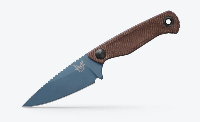 Benchmade 203BT-03 Dacian Fixed Blade Knife, 3.54" CPM-MagnaCut Blue Cerakote Spear Point Blade, Brown Canvas Micarta Handles, Leather Sheath