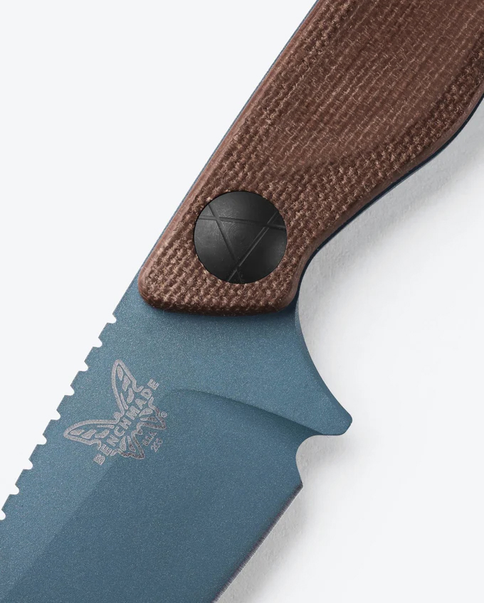 Benchmade 203BT-03 Dacian Fixed Blade Knife, 3.54" CPM-MagnaCut Blue Cerakote Spear Point Blade, Brown Canvas Micarta Handles, Leather Sheath - Image 2