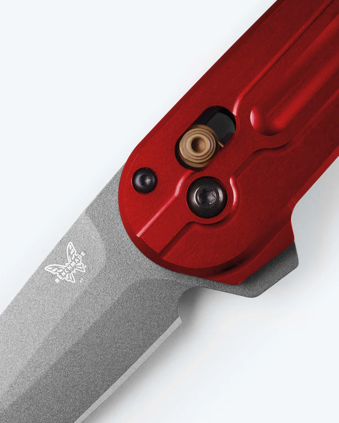 Benchmade 491GY-01 Lowden AXIS Flipper Folding Knife, 2.79" M390 Gray Cerakote Spear Point Blade, Phoenix Red Aluminum Handles W/ Clip - Image 2