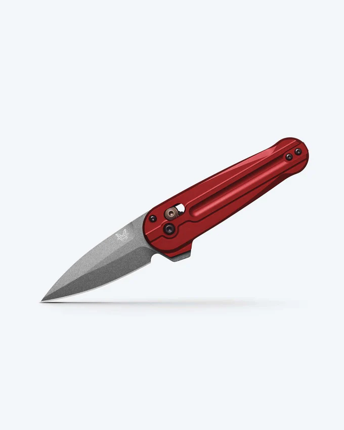 Benchmade 491GY-01 Lowden AXIS Flipper Folding Knife, 2.79" M390 Gray Cerakote Spear Point Blade, Phoenix Red Aluminum Handles W/ Clip