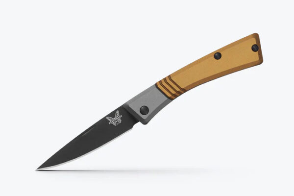 Benchmade 315BK-01 Successor Slipjoint Folding Knife,  2.56" M390 Black Cerakote Drop Point Blade, Burnt Brass Aluminum Handles, Ash Gray Bolsters W/ Clip, Leather Pocket Sheath