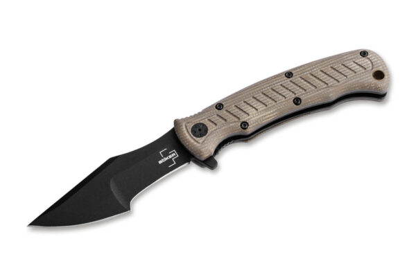 Boker Plus Micro Tracker Flipper Folding Knife, 3.12" 154CM Black Blade, Tan Micarta Handles W/ Clip