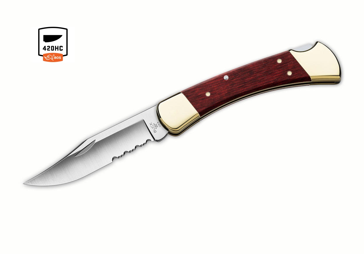 Buck Knives 110 Folding Hunter Knife, 420HC Partially Serrated Clip Blade, Cherry Dymondwood Scales, Genuine Leather Sheath (Out of Production)