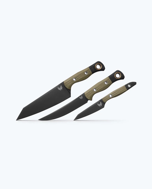 Benchmade 4005BK-01 Three Piece Fixed Blade Kitchen Knife Travel Set, DLC Black CPM-154 Blades, OD Green G-10 Handles
