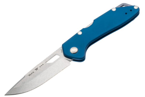 Buck Knives 724 Mustang Lockback Folding Knife, 3.25" 420HC Drop Point Blade, Blue Anodized Aluminum Handles W/ Clip