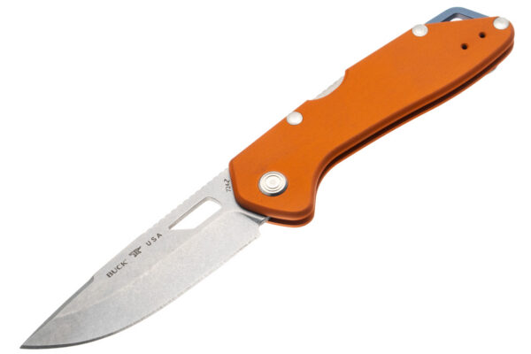Buck Knives 724 Mustang Lockback Folding Knife, 3.25" 420HC Drop Point Blade, Orange Anodized Aluminum Handles W/ Clip