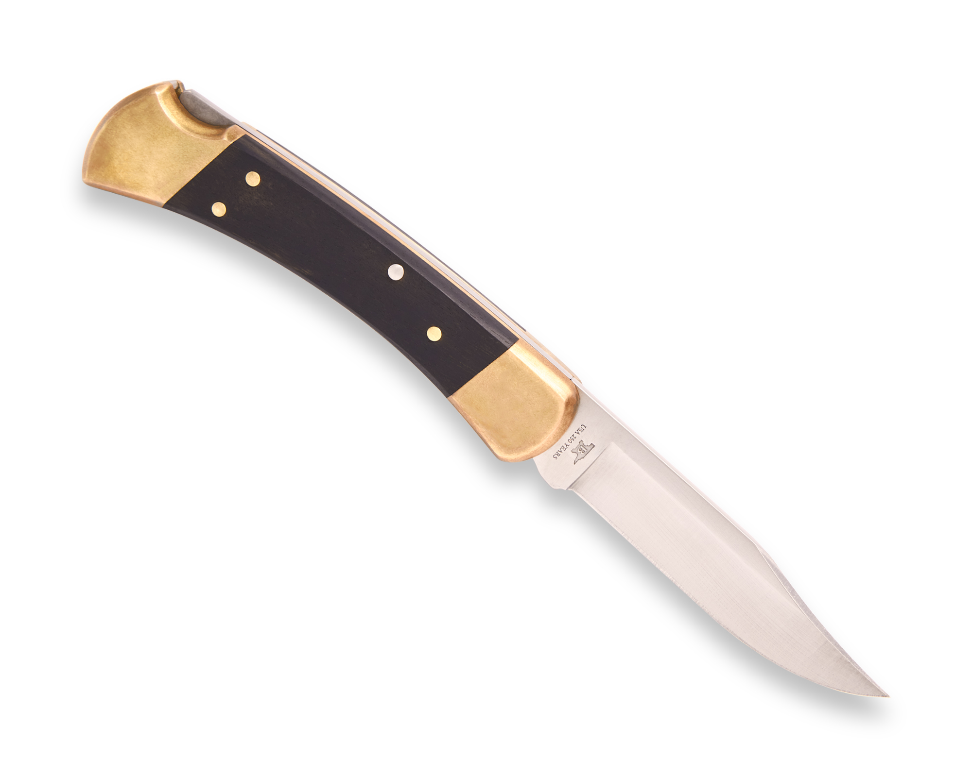 Buck Knives USA 250th Anniversary 110 Folding Hunter, 3.75" 420HC Satin Blade, Genuine Ebony Wood Handles "76" Anniversary Shield, Brass Bolsters W/ Suede Leather Sheath (Limited Edition) - Image 2