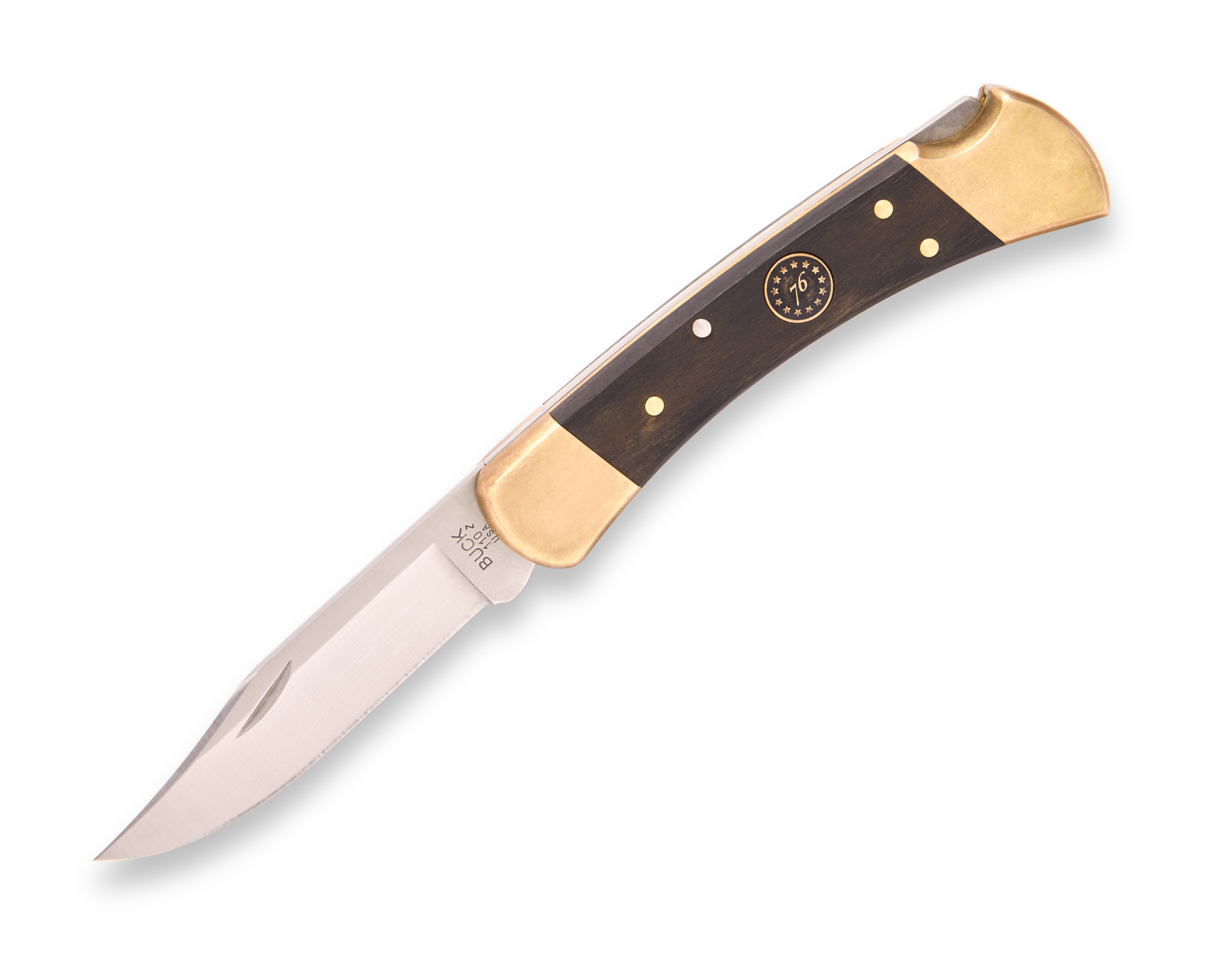 Buck Knives USA 250th Anniversary 110 Folding Hunter, 3.75" 420HC Satin Blade, Genuine Ebony Wood Handles "76" Anniversary Shield, Brass Bolsters W/ Suede Leather Sheath (Limited Edition)