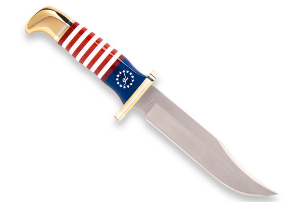Buck Knives USA 250th Anniversary 119 Special Fixed Blade Knife, 6" 420HC Clip Blade, Stacked Red/White/Blue Acrylic Handle W/ Brass Pummel/Guard & Aluminum Spacers, Buffalo Leather Sheath (Limited Edition)