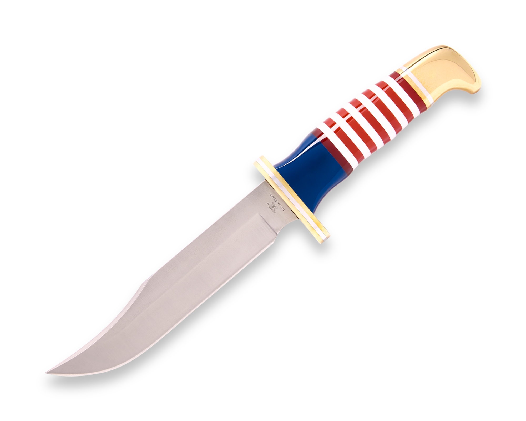 Buck Knives USA 250th Anniversary 119 Special Fixed Blade Knife, 6" 420HC Clip Blade, Stacked Red/White/Blue Acrylic Handle W/ Brass Pummel/Guard & Aluminum Spacers, Buffalo Leather Sheath (Limited Edition) - Image 2