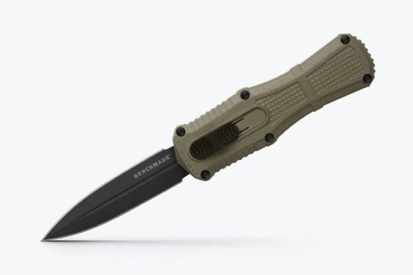 Benchmade 3375GY-1 Mini Claymore OTF AUTO, 3.02" CPM-D2 Double Edge Smoke Gray Blade, Ranger Green Grivory Handles W/ Clip