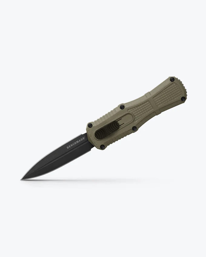 Benchmade 3375GY-1 Mini Claymore OTF AUTO, 3.02" CPM-D2 Double Edge Smoke Gray Blade, Ranger Green Grivory Handles W/ Clip