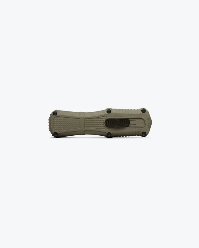 Benchmade 3375GY-1 Mini Claymore OTF AUTO, 3.02" CPM-D2 Double Edge Smoke Gray Blade, Ranger Green Grivory Handles W/ Clip - Image 2