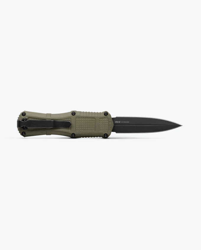 Benchmade 3375GY-1 Mini Claymore OTF AUTO, 3.02" CPM-D2 Double Edge Smoke Gray Blade, Ranger Green Grivory Handles W/ Clip - Image 3
