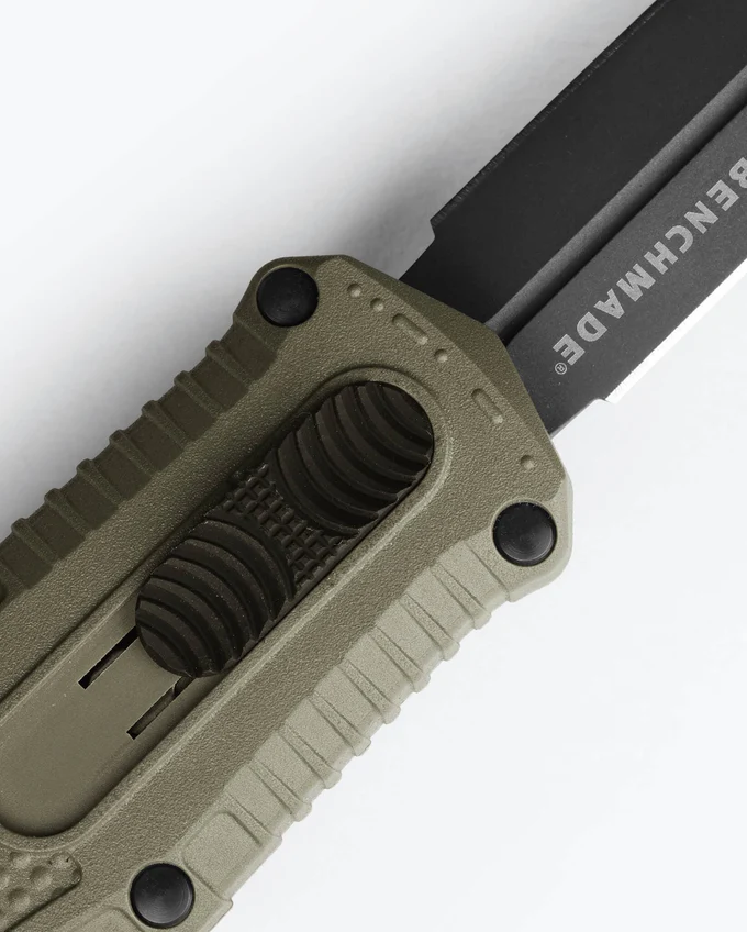 Benchmade 3375GY-1 Mini Claymore OTF AUTO, 3.02" CPM-D2 Double Edge Smoke Gray Blade, Ranger Green Grivory Handles W/ Clip - Image 4