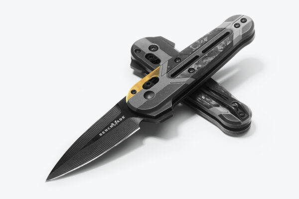 Benchmade 491BK-261 Lowden AXIS Flipper Folding Knife, 2.79" Drakka Damasteel Spear Point Blade, 6Al-4V Titanium/Brass/Carbon Fiber Handles W/ Clip (Gold Class Limited Edition)