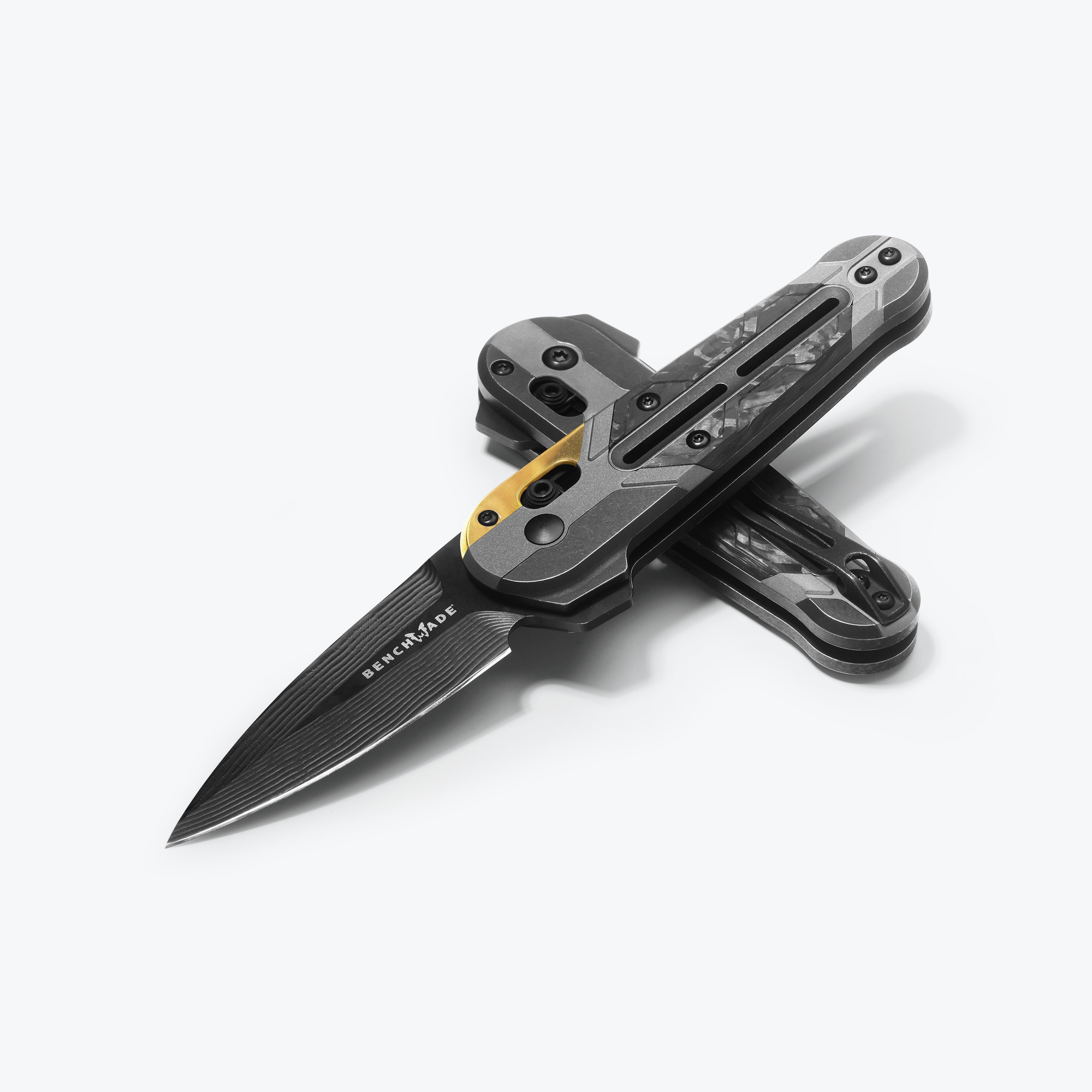 Benchmade 491BK-261 Lowden AXIS Flipper Folding Knife, 2.79″ Drakka Damasteel Spear Point Blade, 6Al-4V Titanium/Brass/Carbon Fiber Handles W/ Clip (Gold Class Limited Edition)