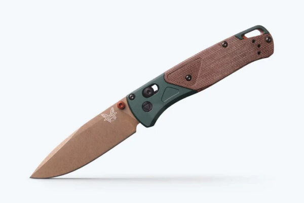 Benchmade 535FE-2602 Bugout Folding Knife, 3.24" S90V Flat Dark Earth Battlewash PVD Blade, Taiga Green Aluminum Handles Brown Canvas Micarta Onlays W/ Clip (Seasonal)
