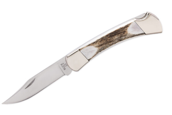 Buck Knives 110 Folding Hunter, 3.75" 420HC Satin Blade, Genuine Elk Antler Handles, Nickle Silver Bolsters W/ Suede Leather Sheath (Limited Production)