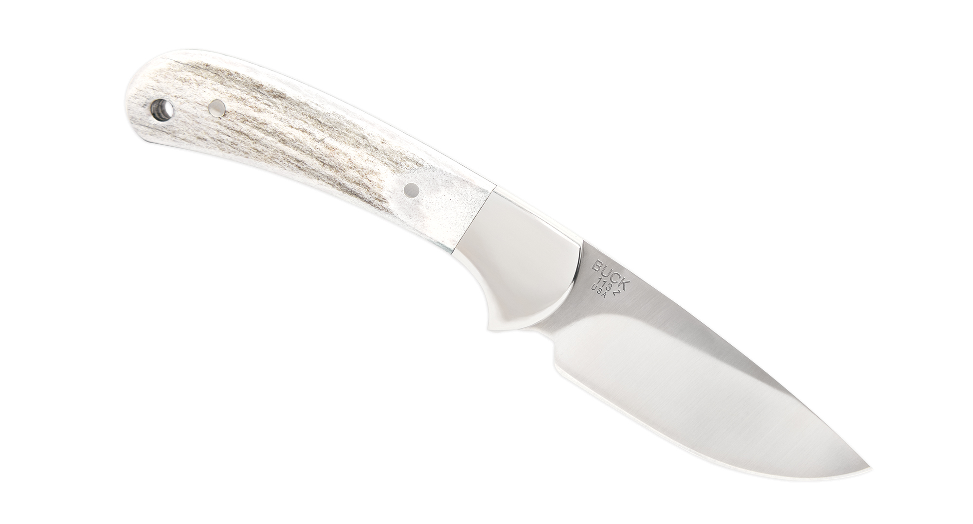 Buck Knives 113 Ranger Skinner Fixed Blade, 3" 420HC Satin Blade, Genuine Elk Antler Handle, Nickle Silver Bolsters W/ Suede Leather Sheath (Limited Production)