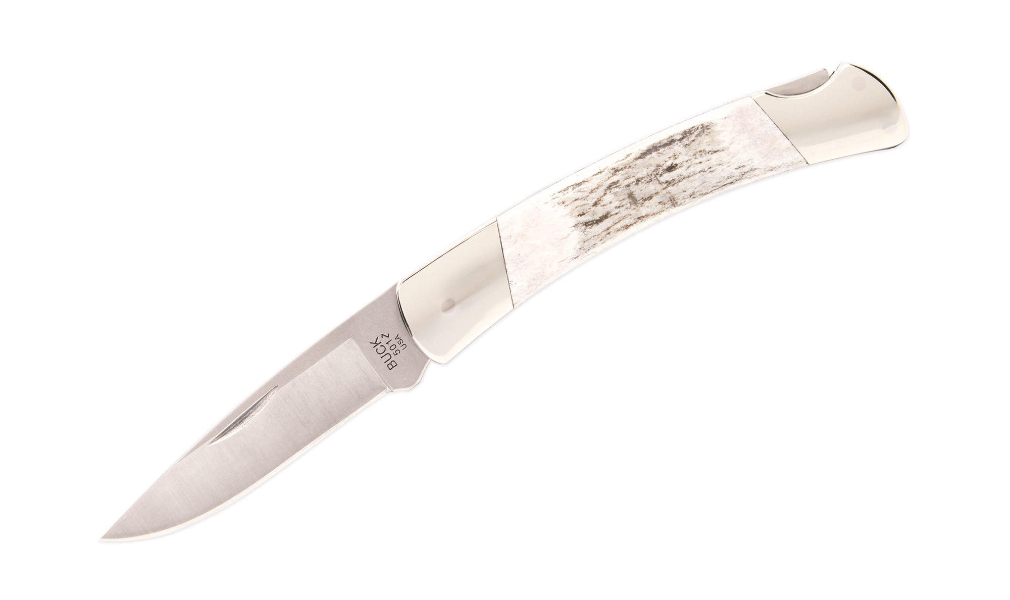 Buck Knives 501 Squire Folding Knife, 2.75" 420HC Satin Blade, Genuine Elk Antler Handles, Nickle Silver Bolsters W/ Genuine Leather Sheath (Limited Production)