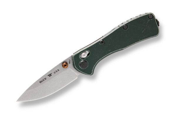 Buck Knives 790 Mini Range Elite Trail Worn Cross Bar Lock Folding Knife, 2.6" MagnaCut Drop Point Blade, Green Anodized Aluminum Tumbled Scales W/ Pocket Clip