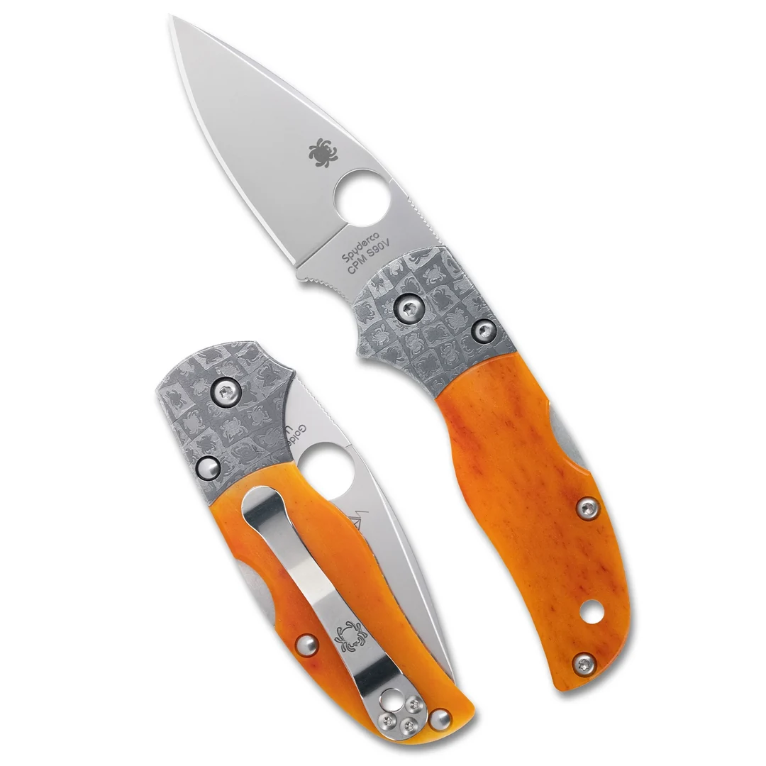 Spyderco C41BA50TH Native 5 50th Anniversary Sprint Run Folding Knife, 2.95" CPM-S90V Satin Plain Blade, Amber Bone Handles with Mosaic Damascus Bolsters, Wooden Presentation Box (Sprint Run) - Image 2