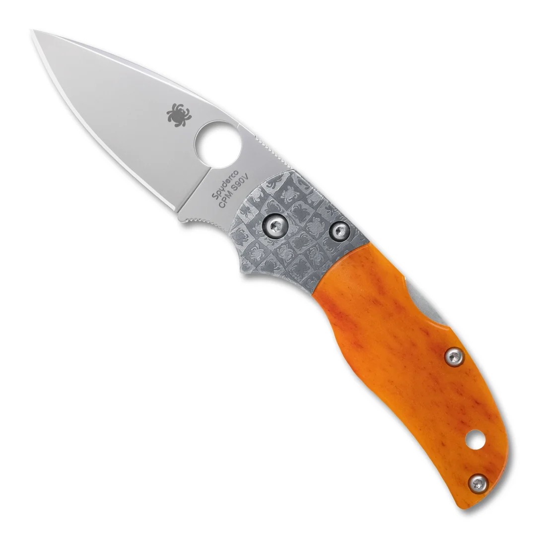 Spyderco C41BA50TH Native 5 50th Anniversary Sprint Run Folding Knife, 2.95" CPM-S90V Satin Plain Blade, Amber Bone Handles with Mosaic Damascus Bolsters, Wooden Presentation Box (Sprint Run)