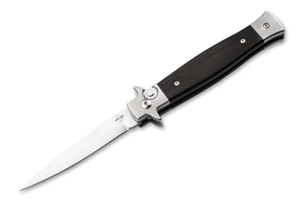 Boker Plus Stiletto 3.5 Auto Folding Knife, 3.15" Sandvik 14C28N Stiletto Blade, Ebony Wood Handles W/ Clip