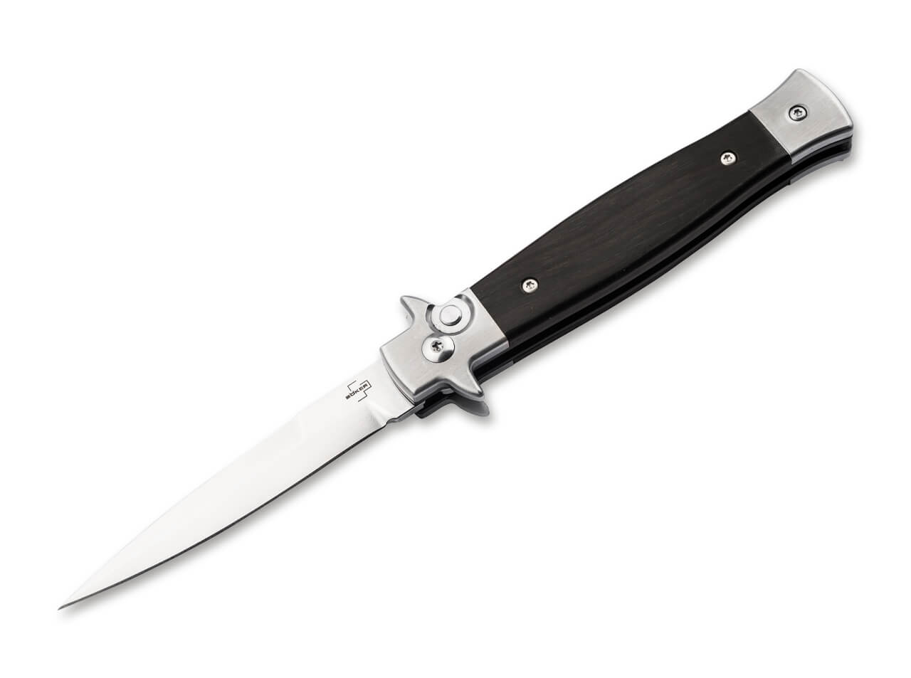 Boker Plus Stiletto 3.5 Auto Folding Knife, 3.15" Sandvik 14C28N Stiletto Blade, Ebony Wood Handles W/ Clip