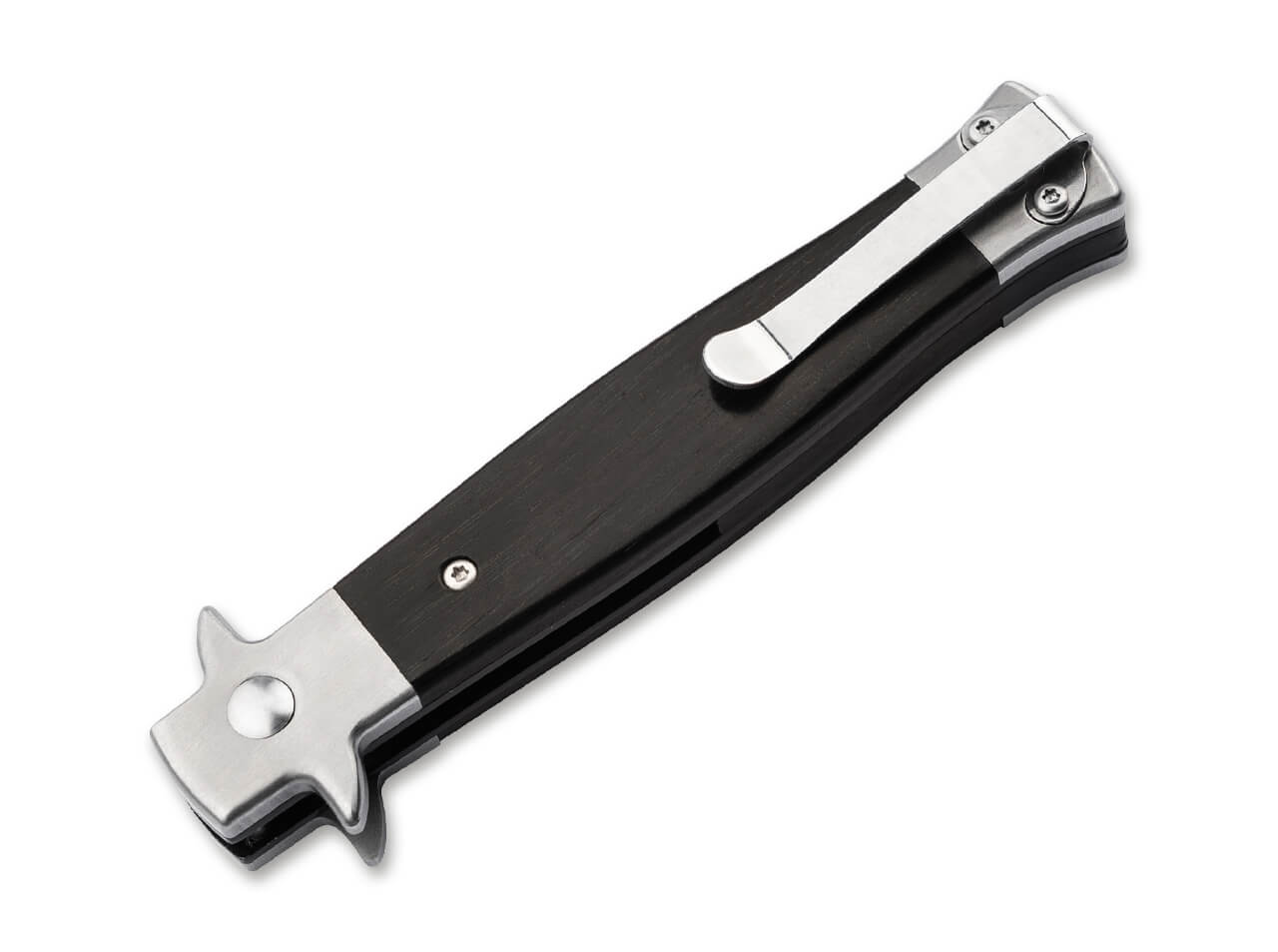 Boker Plus Stiletto 3.5 Auto Folding Knife, 3.15" Sandvik 14C28N Stiletto Blade, Ebony Wood Handles W/ Clip - Image 2