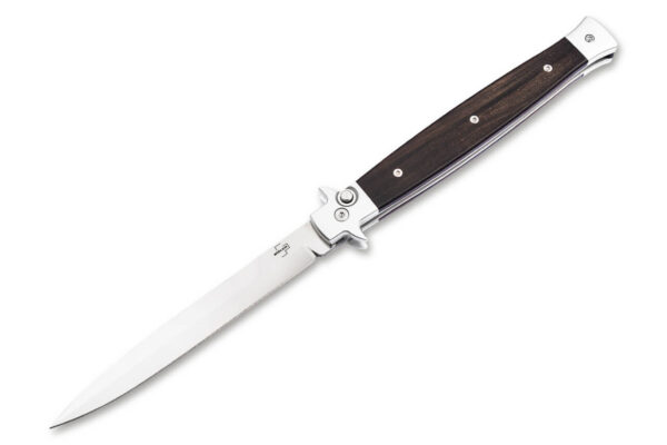 Boker Plus Stiletto 5.0 Auto Folding Knife, 5.12" Sandvik 14C28N Stiletto Blade, Ebony Wood Handles W/ Clip